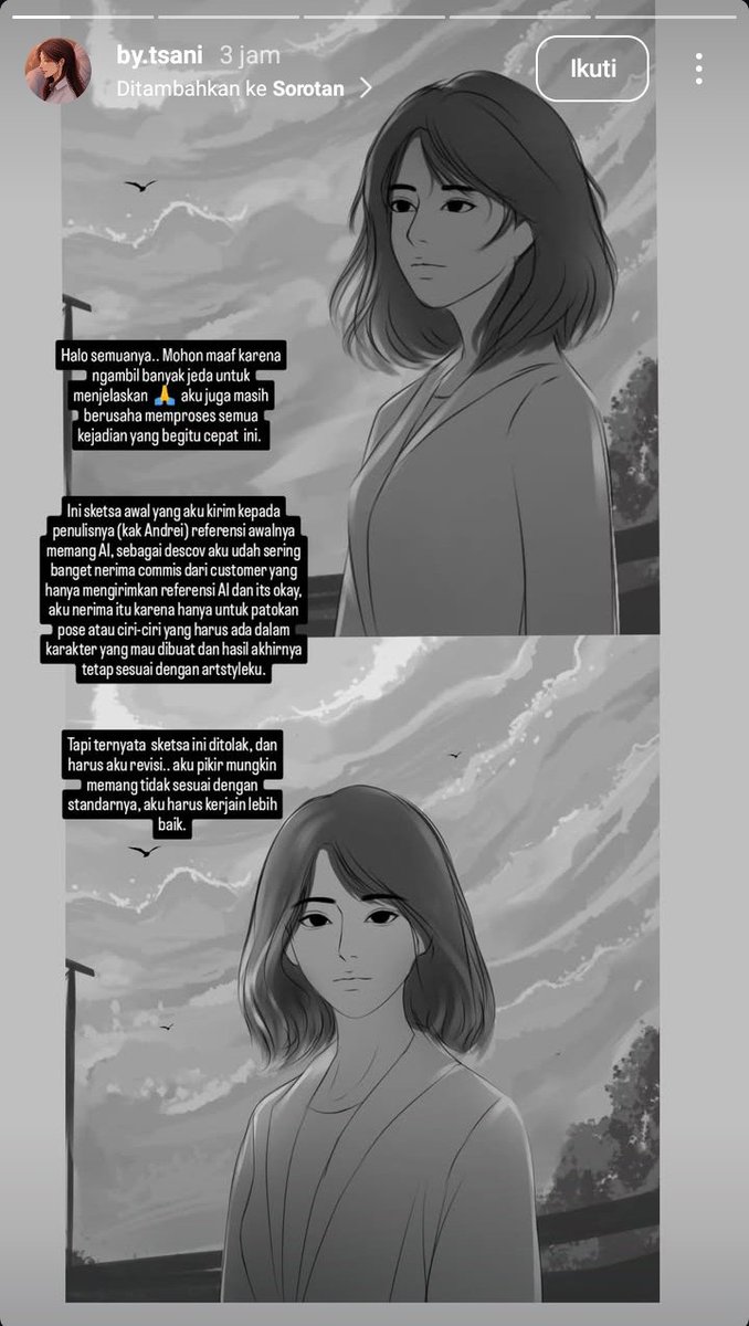jahterra's tweet photo. Damn. 
Kasian banget ilustratornya. Padahal sketch dari dia bagus banget :/
It's wild how it changed from alive and soulful to blatantly soulless with blank ass stare. This is why ai will never replace human. https://t.co/CRta8M6ydK