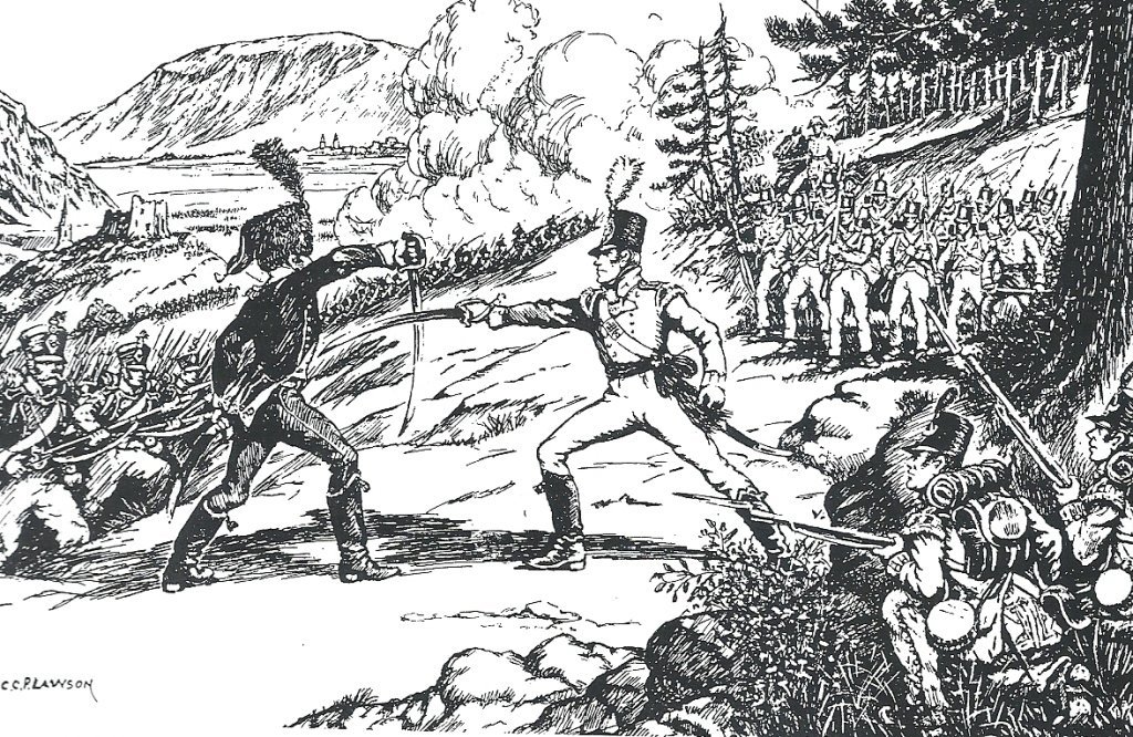 Captain John Waldron of the 2/27th (Inniskilling) Regiment, accepting the invitation of a French officer to fight a personal duel at the opening of the Battle of Castalla.

Both sides watched on, but it was very swift, with Waldron cutting his opponent down ⚔