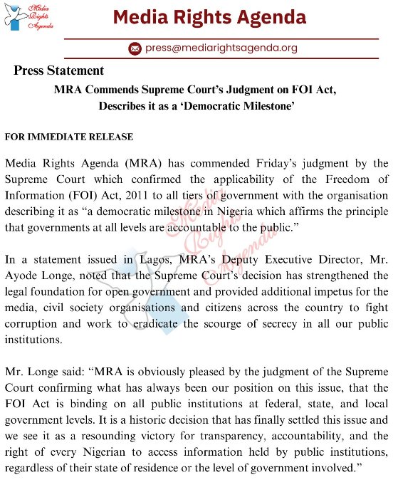 voiceofnigeria's tweet photo. Media Rights Agenda @MRA_Nigeria has praised the Supreme Court's ruling affirming that the FOI Act applies to all levels of government, calling it a victory for transparency and a tool for citizens to hold public institutions accountable nationwide. #FOIAct #SupremeCourtVictory https://t.co/1m4Pb0qDl4