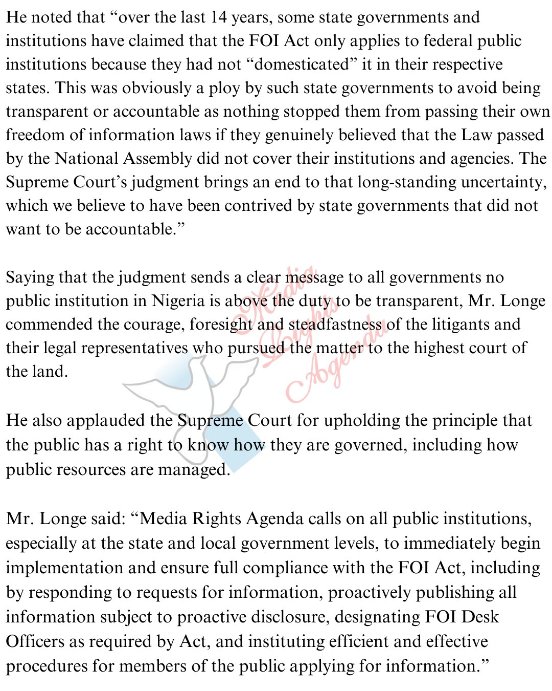 voiceofnigeria's tweet photo. Media Rights Agenda @MRA_Nigeria has praised the Supreme Court's ruling affirming that the FOI Act applies to all levels of government, calling it a victory for transparency and a tool for citizens to hold public institutions accountable nationwide. #FOIAct #SupremeCourtVictory https://t.co/1m4Pb0qDl4