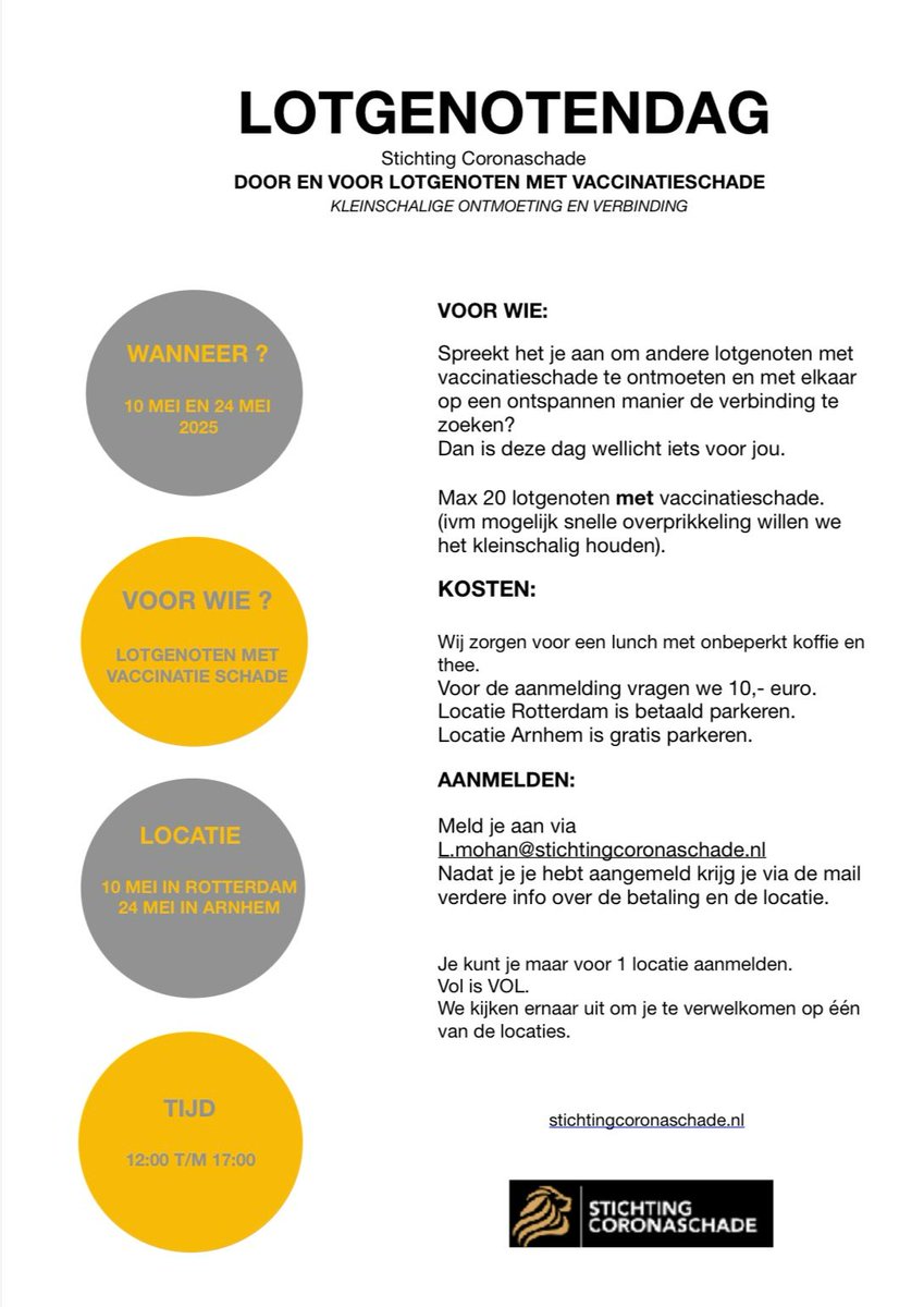 Er worden 2 vaxschade lotgenotendagen georganiseerd in NL. Heb je schade door de covidprik en wil je in contact komen met lotgenoten? Check de flyer hieronder ⬇️