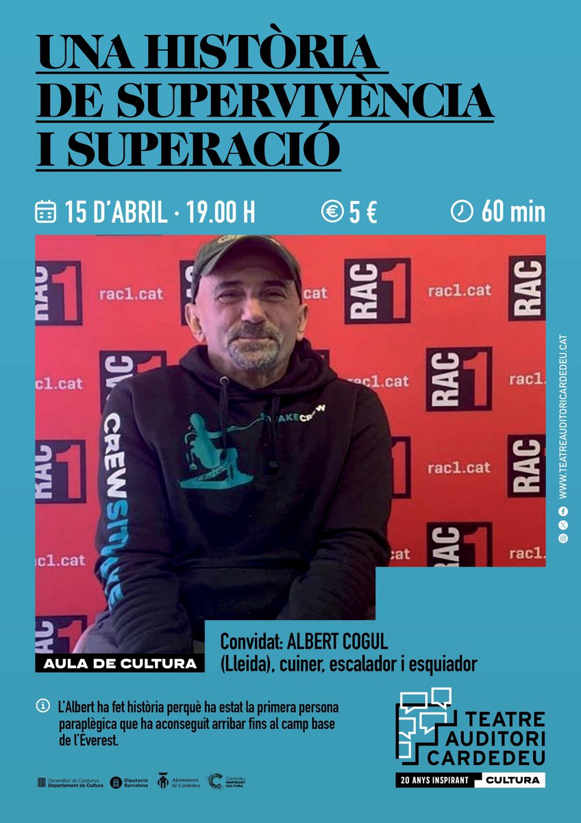 UNA HISTÒRIA DE SUPERVIVÈNCIA I SUPERACIÓ

ALBERT COGUL (LLEIDA), Cuiner,escalador, esquiador

l'Albert ha fet història en ser la primera persona paraplègica en assolir el Camp Base de l'Everest. Aquesta i altres fites constitueixen un exemple de vida,sacrifici i superació.
