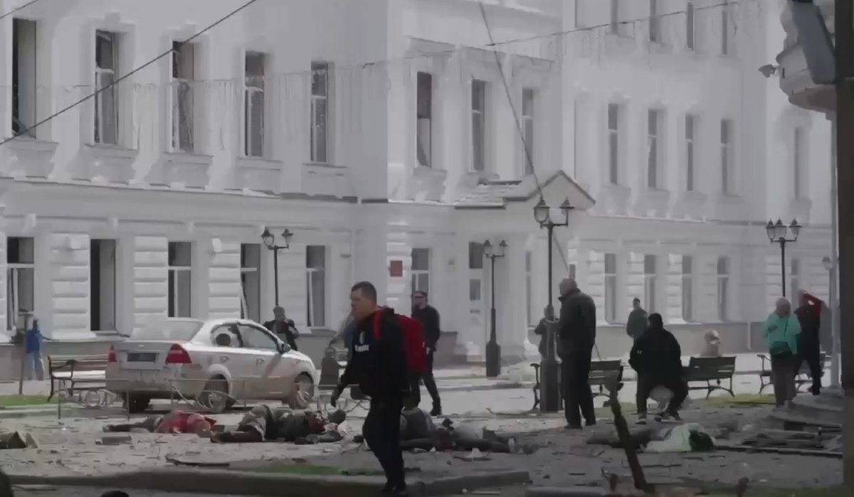 KyivInsider's tweet photo. Russians just fired ballistic missiles into the city center of Sumy on the morning of Palm Sunday, while people crowded streets on the way to church services.

An absolute massacre. https://t.co/euxfXgkBk6