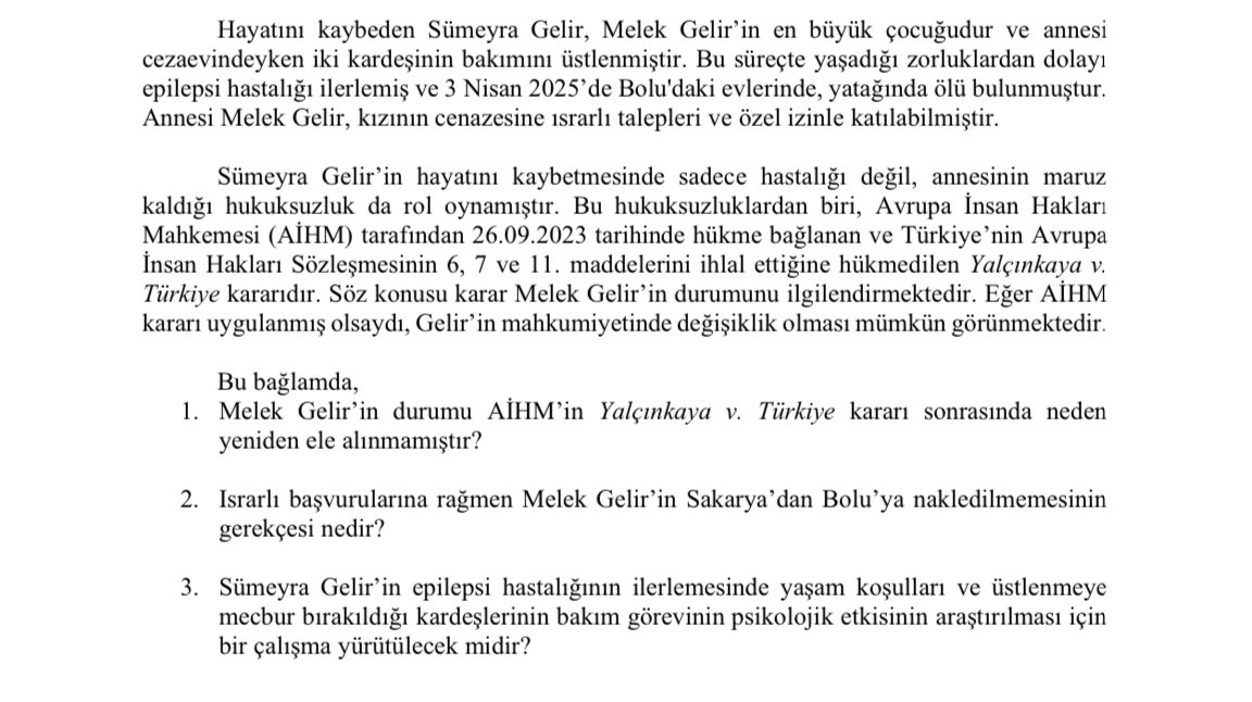 yukseltaskinn's tweet photo. İhmaller ve hukuksuzluklar nedeniyle  henüz 15 yaşındaki Sümeyra Gelir hayatını kaybetti. Bu kaybın arkasında KHK'lar ve adaletsiz yargılamalar var. Adalet Bakanı @yilmaztunc yanıtlamanızı bekliyorum: 

🔴 Neden Sümeyra'nın annesi Melek Gelir evine yakın bir cezaevine nakledilmedi? 

🔴 Neden AİHM kararı uygulanmadı? 

🔴 Bu can kaybına sessiz mi kalacaksınız?