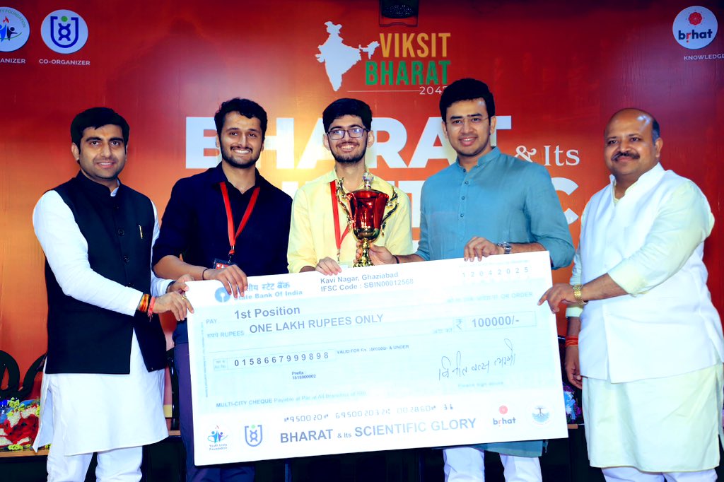 vineetvatstyagi's tweet photo. The concluding program of Bharat and Its Scientific Glory was organised in Ghaziabad, Uttar Pradesh yesterday in which Top 30 teams representing 7 states participated. 
BJYM National President & MP Bengaluru South Shri @Tejasvi_Surya Ji addressed the participants, panel members and other youth. 
#BharatAndItsScientificGlory #ViksitBharat2047