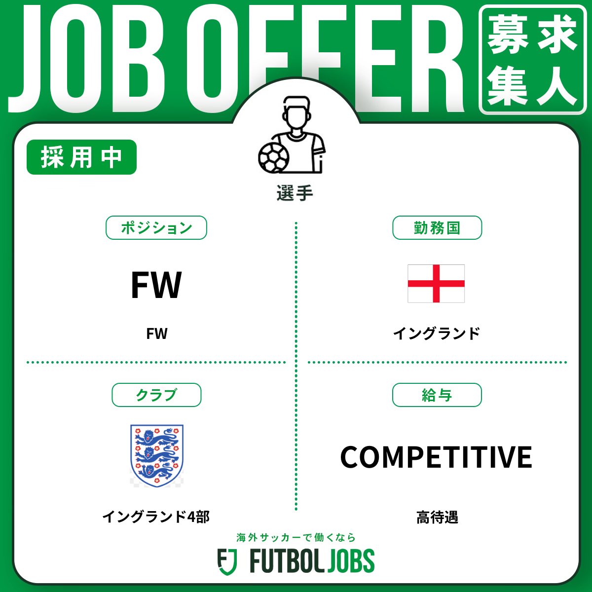 FutbolJobs_JP's tweet photo. ⚽️ #プレミアム求人
🏴󠁧󠁢󠁥󠁮󠁧󠁿#イングランドのクラブが選手を募集中！
応募にはプレービデオとCVが必要です。
✍🏻PV・履歴書作成や交渉サポートの 相談はDMにご連絡ください。
🔗https://t.co/6ddrTSVyvC…
💻 #フットボールジョブズ
#海外サッカー就職 #転職 #サッカー #サッカー留学 https://t.co/PJdfV8jFyG