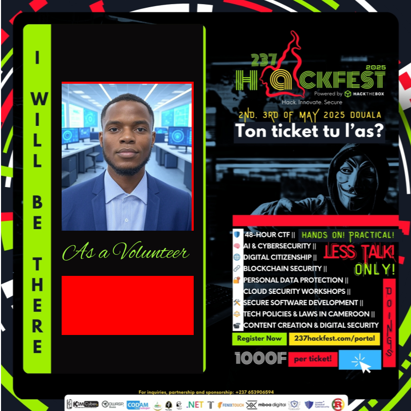 chi_mofor's tweet photo. 🚨 Exciting News! 🚨

I’m honored to be selected as a volunteer for 237HackFest 2025 — Cameroon’s premier cybersecurity event happening on May 2nd &amp; 3rd in Douala.
https://t.co/qeTb3ZoM0A
#237HackFest2025 #CyberSecurity #TechForGood https://t.co/V2Ajel2AOP