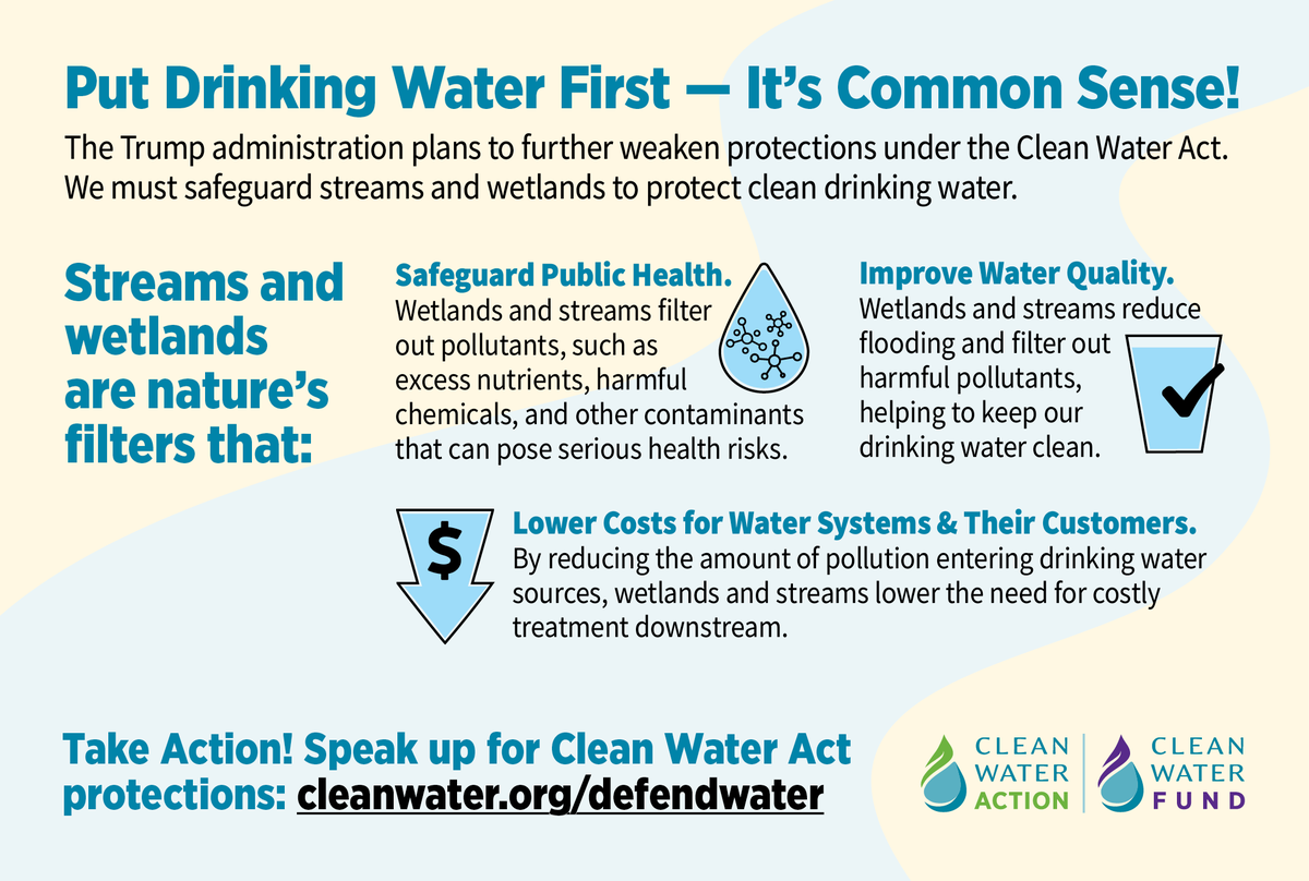 Our water, our health, our future. The EPA must protect all wetlands and streams—not just the ones polluters approve of. Weakening protections risks clean drinking water, worsens flooding, and hurts wildlife. We need strong clean water safeguards NOW. #ProtectOurWater
