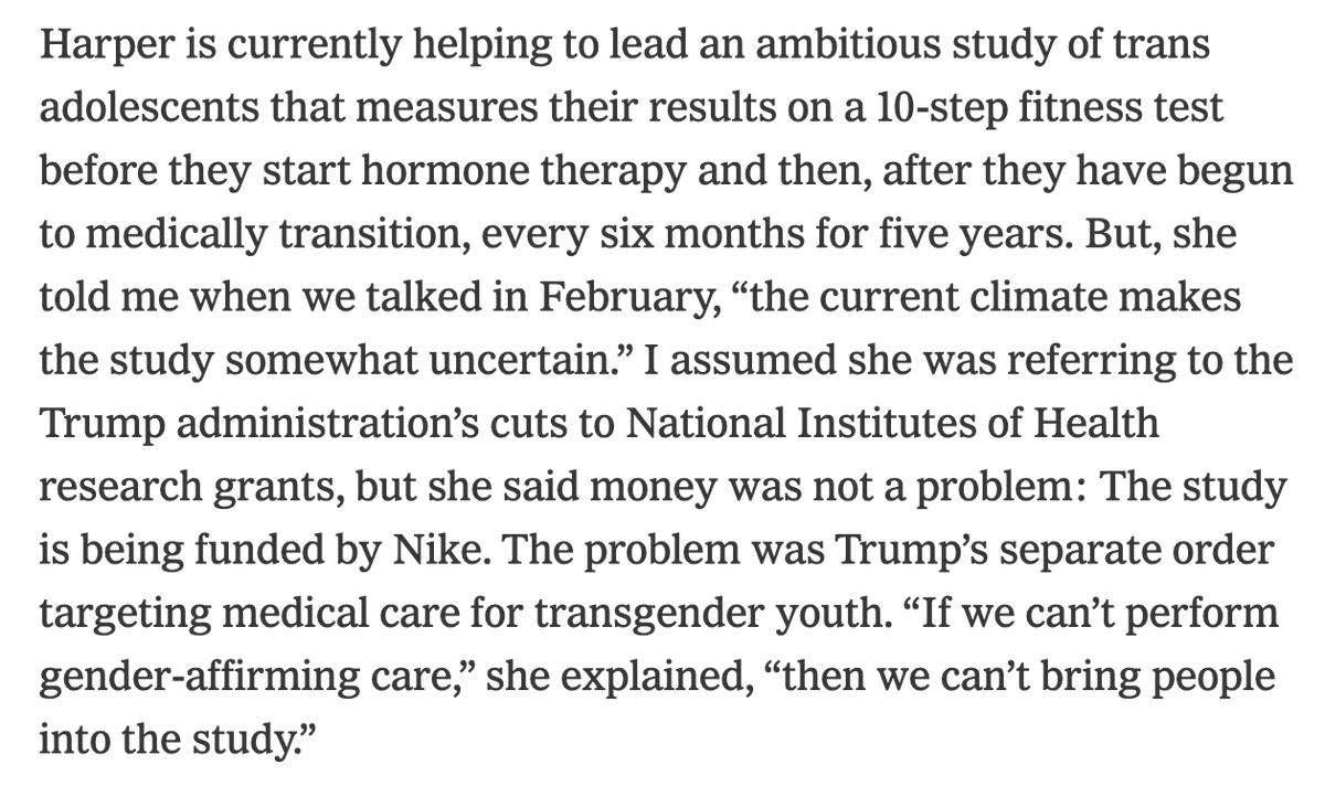 Buried deep in today's article in <a href="/NYTmag/">NYT Magazine</a> about Blaire Fleming and <a href="/SJSU/">San José State University</a> women's volleyball team, is the fact that <a href="/Nike/">Nike</a> is funding a study to understand how much they can hamper male advantage in pre-pubescent boys to allow for "meaningful competition" despite those advantages.