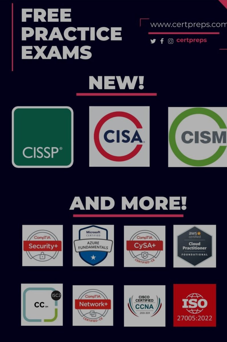Sule_9999's tweet photo. أكثر من 2000 سؤال تدريبي مجاني لشهادات CISSP وCISM وCISA، مع شرح مفصل لكل شهادة مو تختبر نفسك بس بل جهز نفسك ..

وكذالك في شهادات كثير ثانيه مثل 

ISC2 CC
CCNA
 PMP
 ISO/IEC 27005
AWS CCP
CySA+
Security+

كل هذا في هذا الموقع الرهيب ...
https://t.co/0ezdbpLMRB

 #Cybersecurity https://t.co/3ThmenS1uP