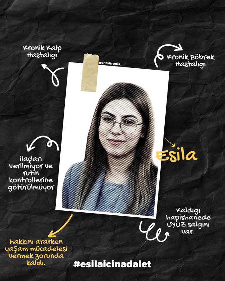 Kronik kalp ve böbrek hastası 22 yaşındaki Esila kardeşimiz 9 Nisan’dan beri cezaevinde tutuklu.

Cezaevi şartlarında sağlığı hiç iyiye gitmiyor. Gencecik insanlarımız hayata küsmesin. Sesini duyurmamızı istiyor.

Hep beraber söyleyelim: #EsilaİçinAdalet