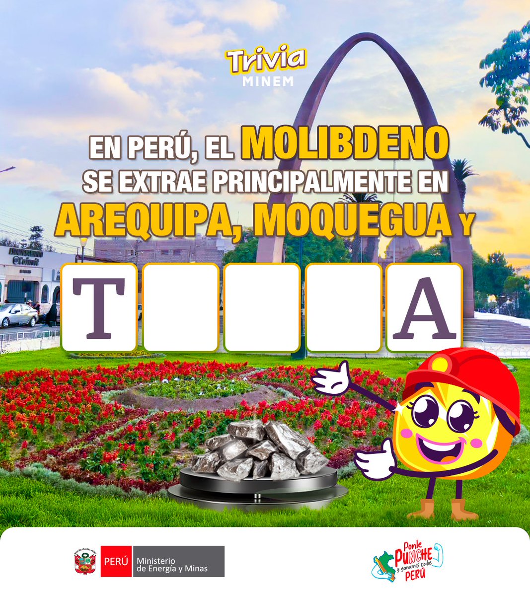 MinemPeru's tweet photo. #TriviaMINEM 🧩 | En nuestro país, el molibdeno se extrae principalmente en … ¿adivina cuál es la tercera región? ✨⛏️ https://t.co/PTGeDjDUS9