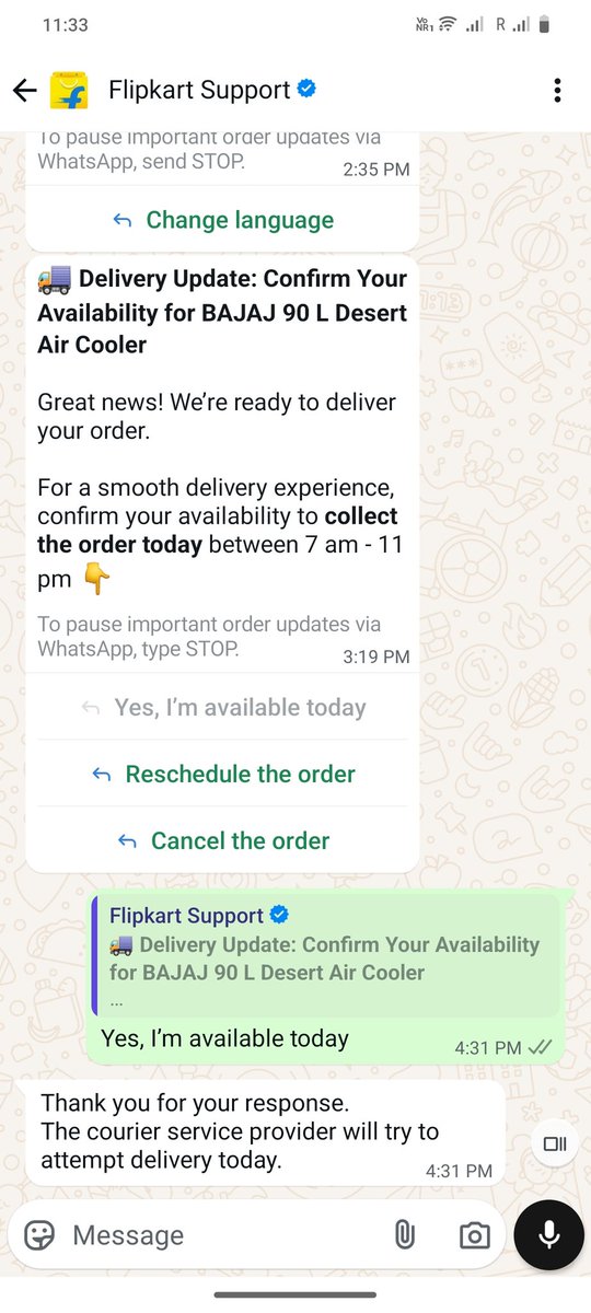 ashishpratap34's tweet photo. It's irritating now. Since last 7 days getting message from @Flipkart to stay home to receive delivery. Wait full day to only get message at night it will not delivered today. @flipkartsupport should understand how a family is surviving in this heat. @jagograhakjago https://t.co/7T3Otieax3