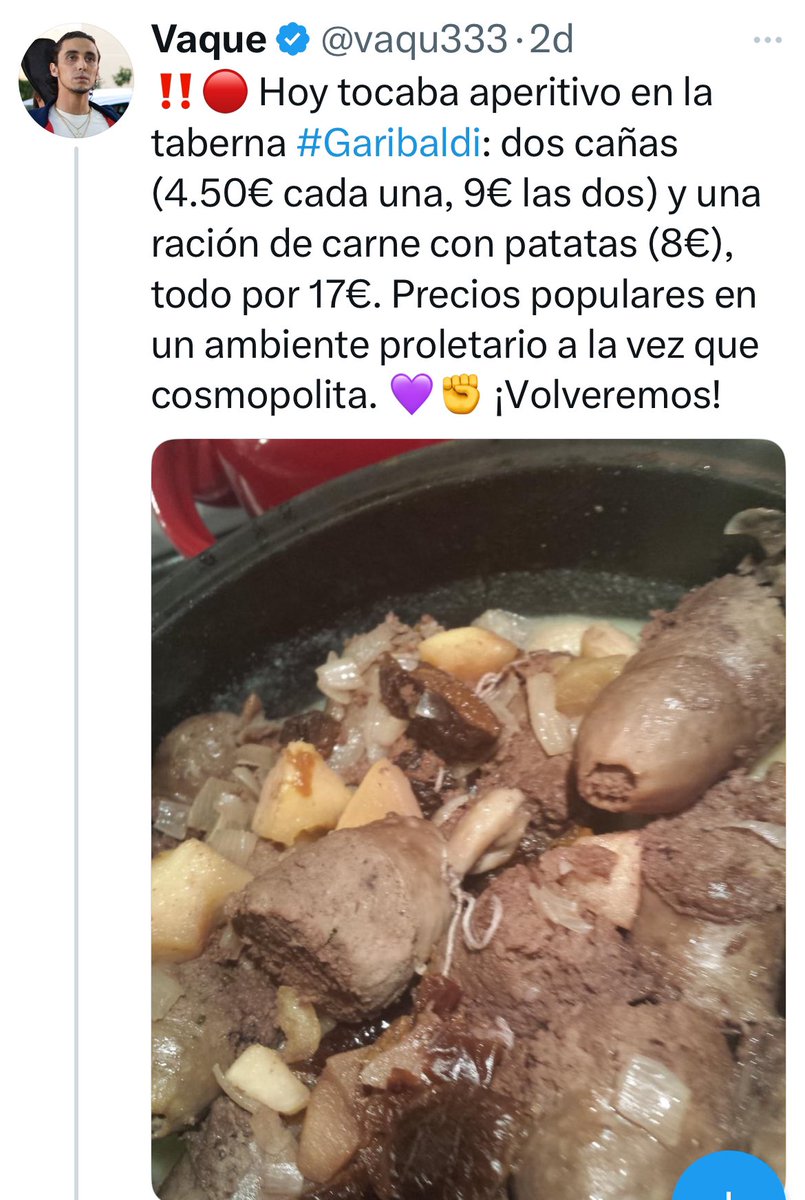 Las dos especialidades de la Taberna Garibaldi, 
Los callos y la polla en salsa.