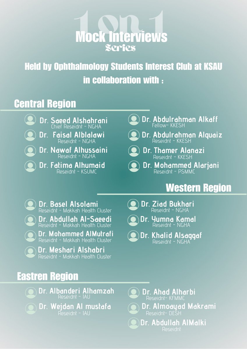 Mock Interviews for ALL Ophthalmology Nominees 📢
As the final step in your match prep; we've designed this individualized mock interviews, collaborating with doctors from over 9 different centers across 3 regions in Saudi

يارب تكون فاتحة خير عليكم ويبلغكم ماتتمنون🙏🏼