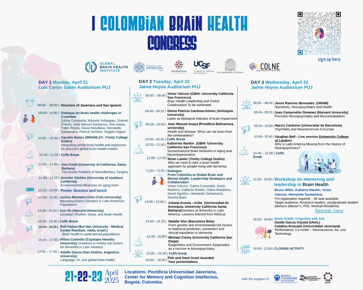 The I Colombian Brain Health Congress starts tomorrow!

We’re excited to announce that tomorrow marks the beginning of the I Colombian Brain Health Congress at Pontificia Universidad Javeriana in Bogotá, Colombia!

With over 30 speakers and a rich agenda of lectures, workshops,