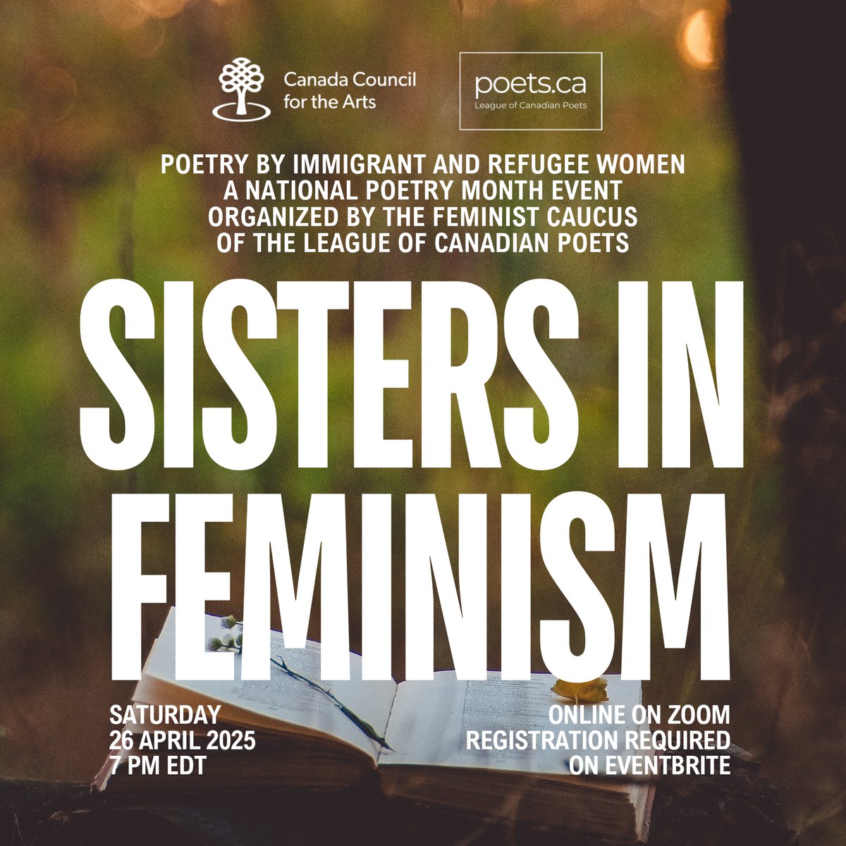 Join us for

Sisters in Feminism: Poetry by Immigrant &amp; Refugee Women

April 26th, 2025, 7pm EDT
Online 

<a href="/CanadianPoets/">League of Canadian Poets</a>  <a href="/ulianahlynchak1/">ulianahlynchak</a> <a href="/baransajadi/">باران سجادي</a> <a href="/awapointe/">jumoke verissimo</a> <a href="/annapoetry/">annayin</a> <a href="/dianamanole2013/">Diana Manole</a> <a href="/HeidiGreco47/">Heidi Greco</a> <a href="/natasharoses87/">Natasha Sanders-Kay</a> 

Register: eventbrite.com/e/sisters-in-f…