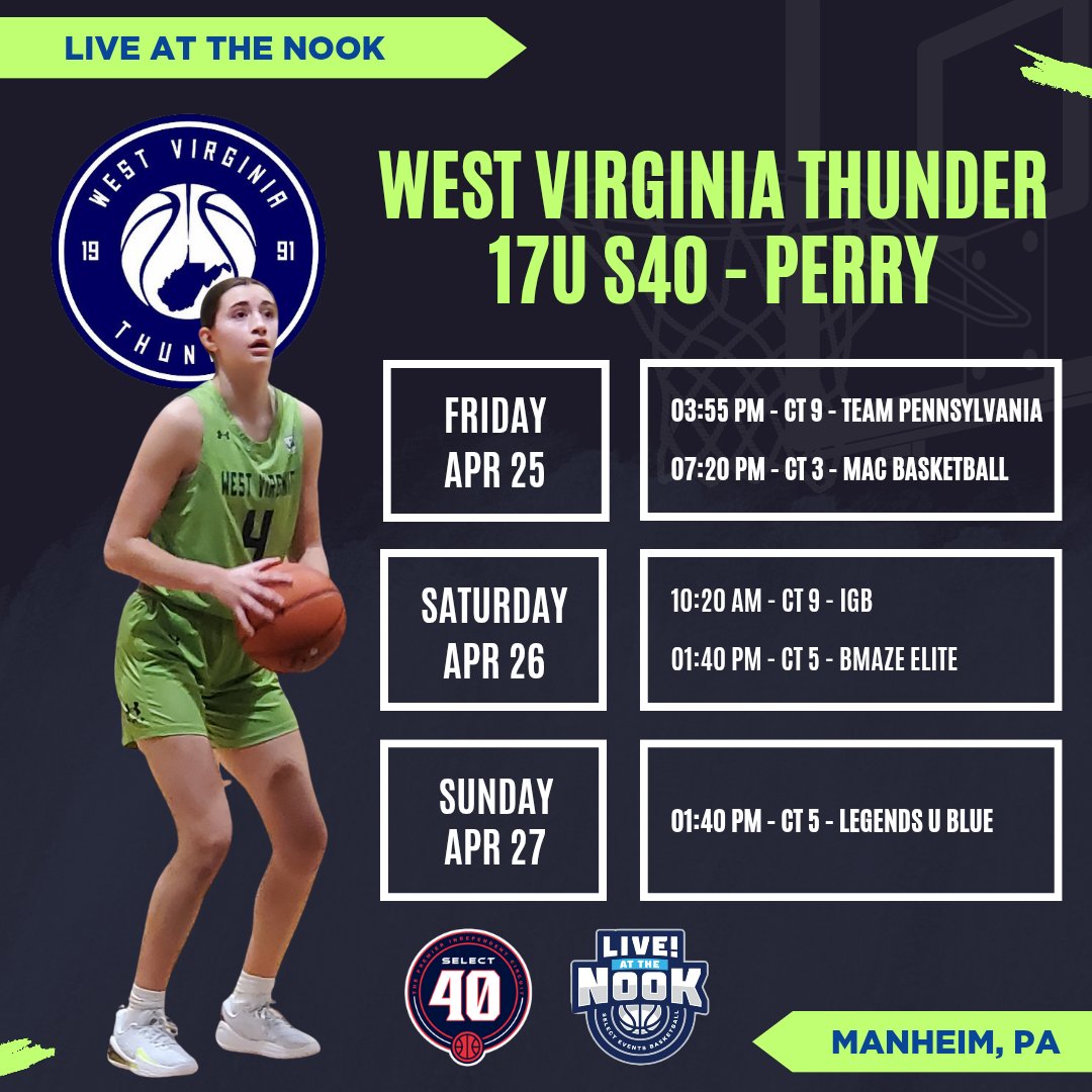 Really excited about this weekend's <a href="/SelectEventsBB/">Select Events Basketball</a> tournament - Live At The Nook in Manheim, PA! Here is our schedule! <a href="/WVThunderS4017U/">West Virginia Thunder S40 17U (Perry)</a> <a href="/WVaThunderRiego/">West Virginia Thunder Riego</a> <a href="/bhsdogsghoops/">BHS Girls Basketball</a> <a href="/CoachTJPerry/">T.J. Perry</a> <a href="/dannyriego/">Danny Riego</a> <a href="/CoachSab/">Josh Sabol</a> <a href="/JrAllStarBB/">Jr. All-Star Girls Basketball</a> <a href="/PGHIndiana/">Prep Girls Hoops Indiana</a> #WBB #AAU #WVThunderFam