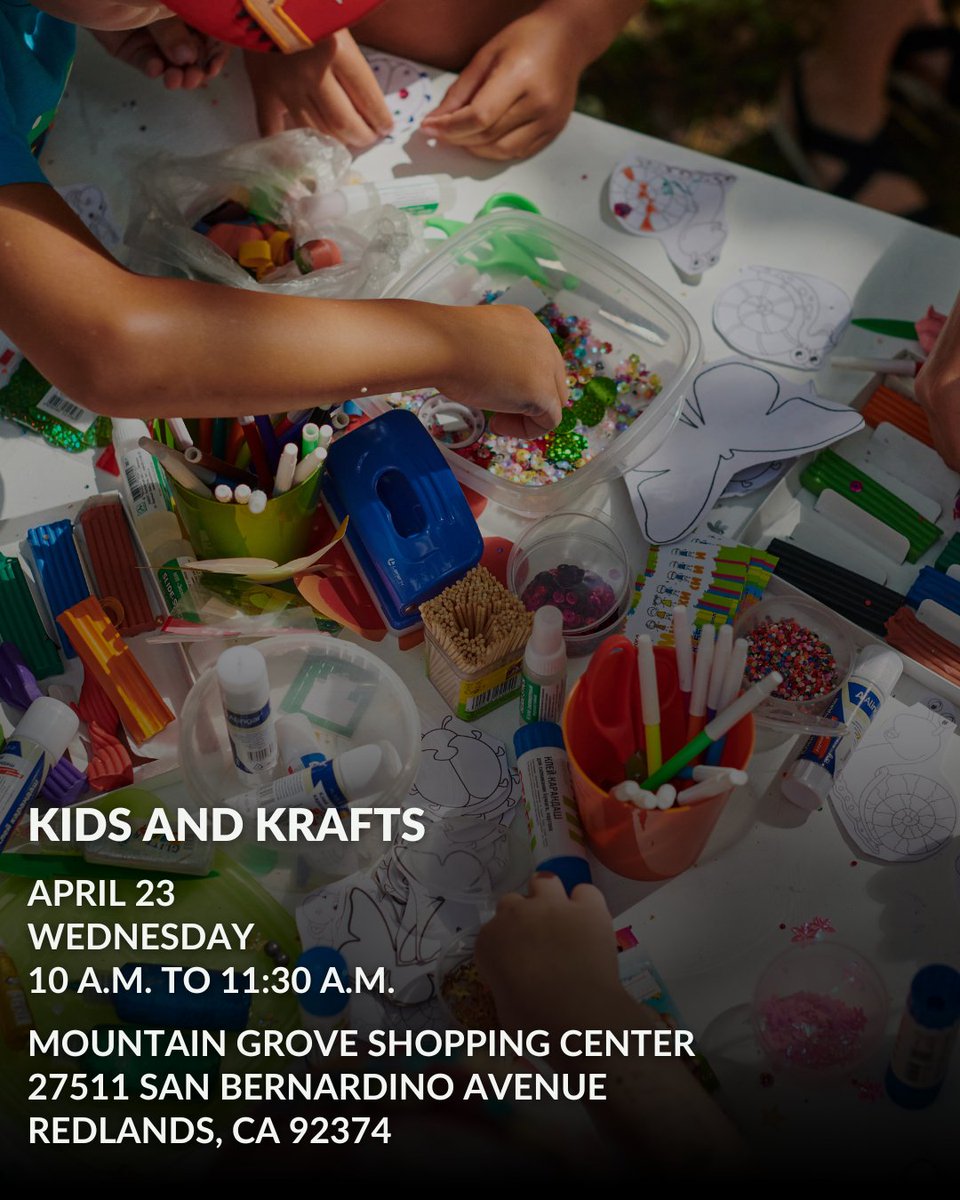 🎨 Craft time … but make it outdoors! Mountain Grove Shopping Center in the City of Redlands is hosting a Kids and Krafts event where kiddos can get creative with hands-on crafts under the sun. Don’t forget to bring a blanket and lawn chair!