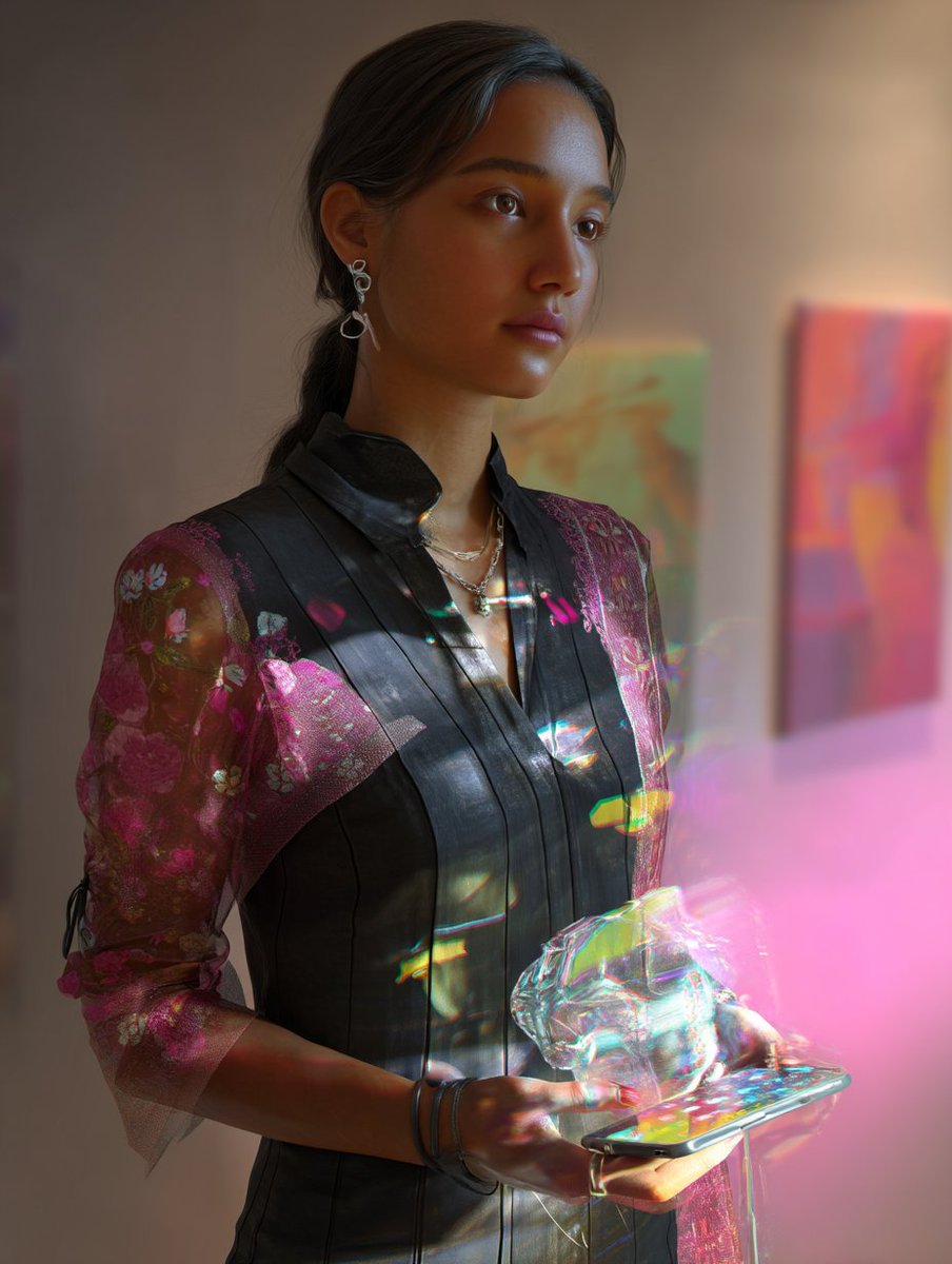 arkitek666's tweet photo. #PromptShare
Prompt:
A realistic portrait of a multicultural female figure representing cross-cultural empathy through Al-generated art. She stands quietly in a softly lit room, wearing a modern outfit fused with traditional Japanese and Indian textile elements. In one hand, she holds a semi-transparent device projecting faint holograms of abstract art in the colors of European, Greek, Ukrainian, Brazilian, Indian, German, and Japanese aesthetics. Her expression is peaceful and thoughtful. She wears subtle symbolic jewelry - language waves, shared memory icons. Soft background blur with gentle Al artworks on walls. Photorealistic lighting, Fujifilm style, shallow depth of field.