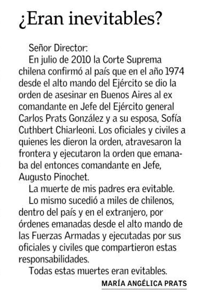 Asesinato de General Prats y esposa, del General Schneider y de miles más, bombardear La Moneda, miserable golpe de Estado, son crímenes injustificables, innecesarios, repugnantes. Los cometió la derecha, la dictadura de Pinochet y sus cómplices, pasivos y activos <a href="/evelynmatthei/">Evelyn Matthei</a>