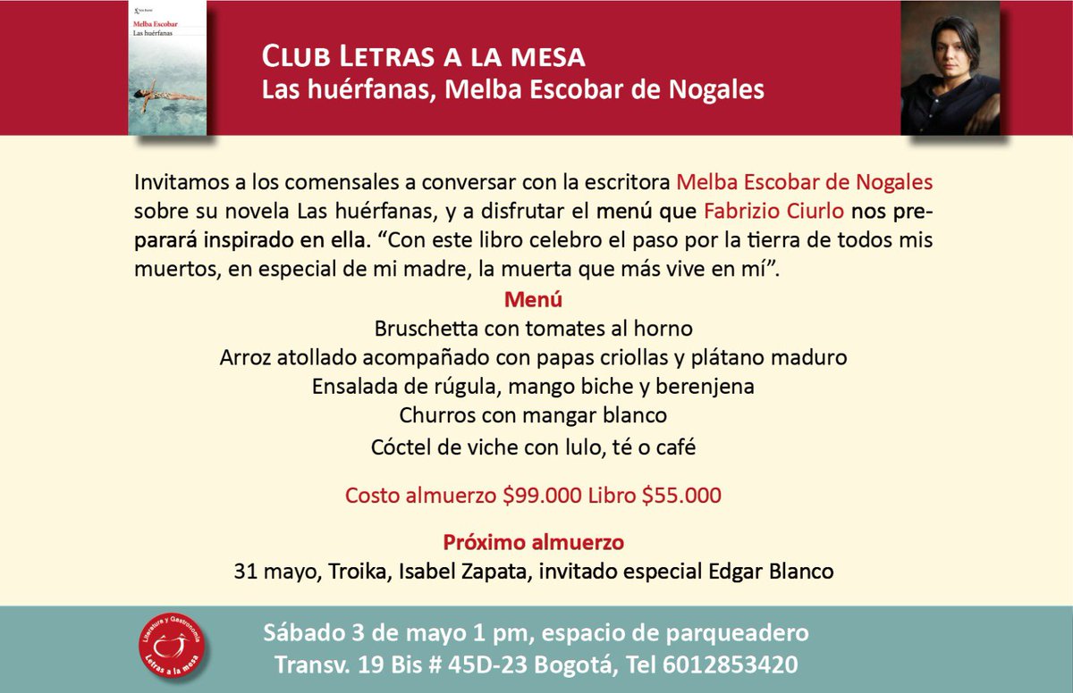 Nuestro evento de #letrasalamesa será con la escritoras <a href="/melbaes/">Melba Escobar</a> invitada por España a la <a href="/FILBogota/">FeriadelLibroBogotá</a> en esta oportunidad será el primer sábado de mayo. ¡Los esperamos! libreriacasatomada.com/categoria/letr…
