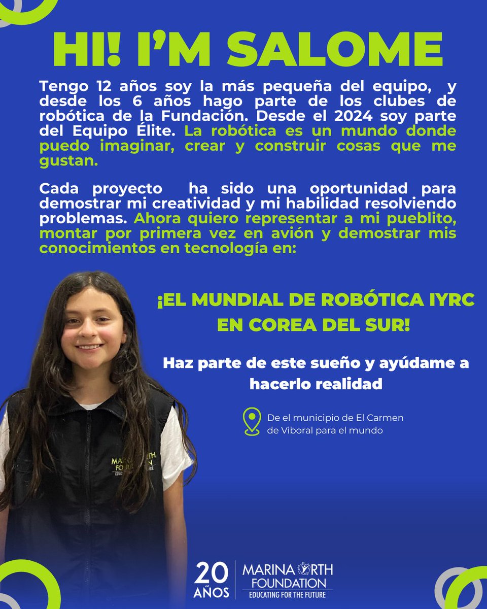 Apoya a Salomé y súmate a la tripulación que la acompañará al Mundial.

Ella tiene una meta muy clara: representar a Colombia en el Mundial de Robótica.

Dona en este link: 
checkout.wompi.co/l/gEWKtJ
