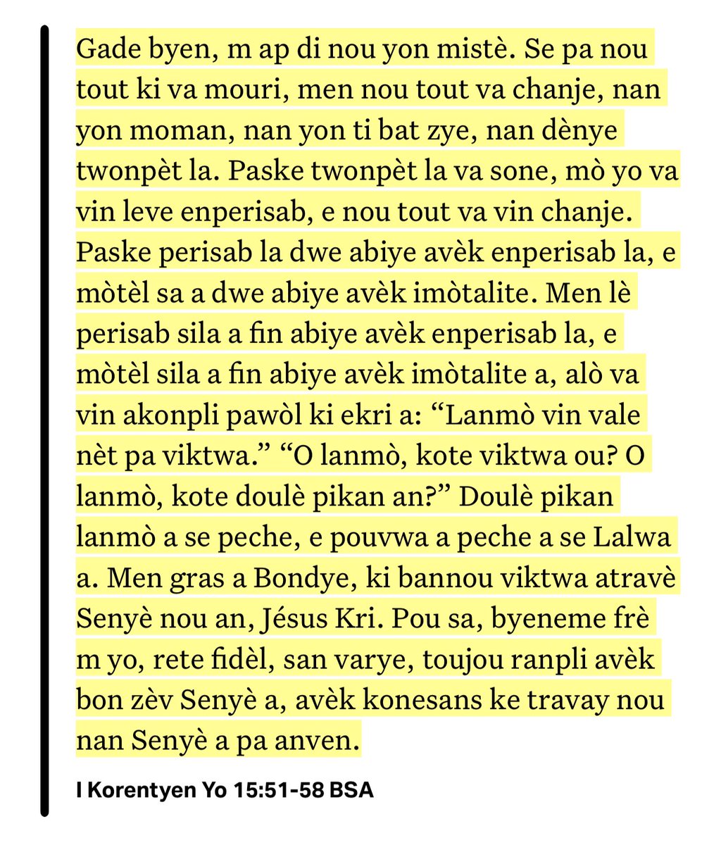 PititPepLaa's tweet photo. 💫 “Zam lanmò, se peche. Puisans peche soti nan lalwa. Men, nou di Bondye mèsi, ki ba nou laviktwa pa mwayen Jezikris, Senyè nou an.” https://t.co/xT8CEMKEco