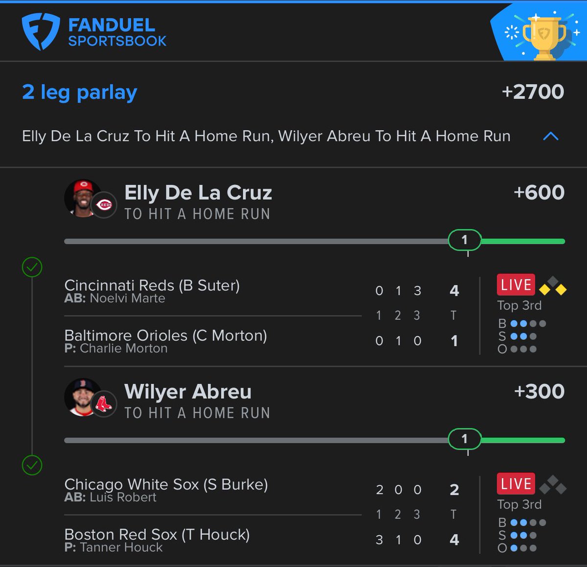ReignTrueHelms's tweet photo. ELLY &amp; ABREU WENT YARD! 💥💣🔥

+2700 CASHED BEFORE THE 4TH INNING EVEN HIT!

They didn’t waste time.
Elly with the launch code, Abreu followed up like a sniper.

#MLBPicks #GamblingTwitter #FanDuel #ParlayWin #HomeRunKings https://t.co/XMYl3puVpt