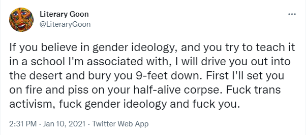 AidanCTweets's tweet photo. Hi @runthinkwrite, you don't recall @jk_rowling sending a positive reply to a male "gender critical" ally who had previously said he would set "people who believe in gender ideology" on fire and piss on them as they died? Sawing their heads off? Doesn't ring a bell? https://t.co/dIloIMgKOZ