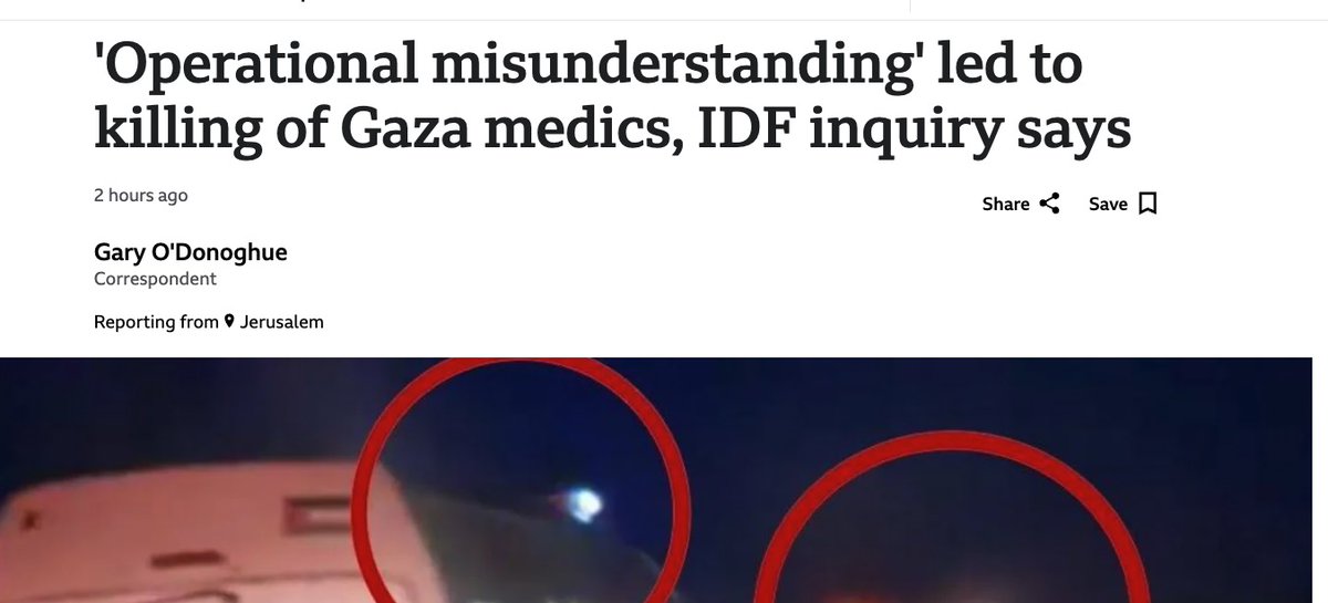 NathanJRobinson's tweet photo. only Israel could shoot 15 paramedics, bury them in mass graves, crush their ambulances, lie about the incident, and then describe the whole thing as a "misunderstanding" https://t.co/eq18OszqGw