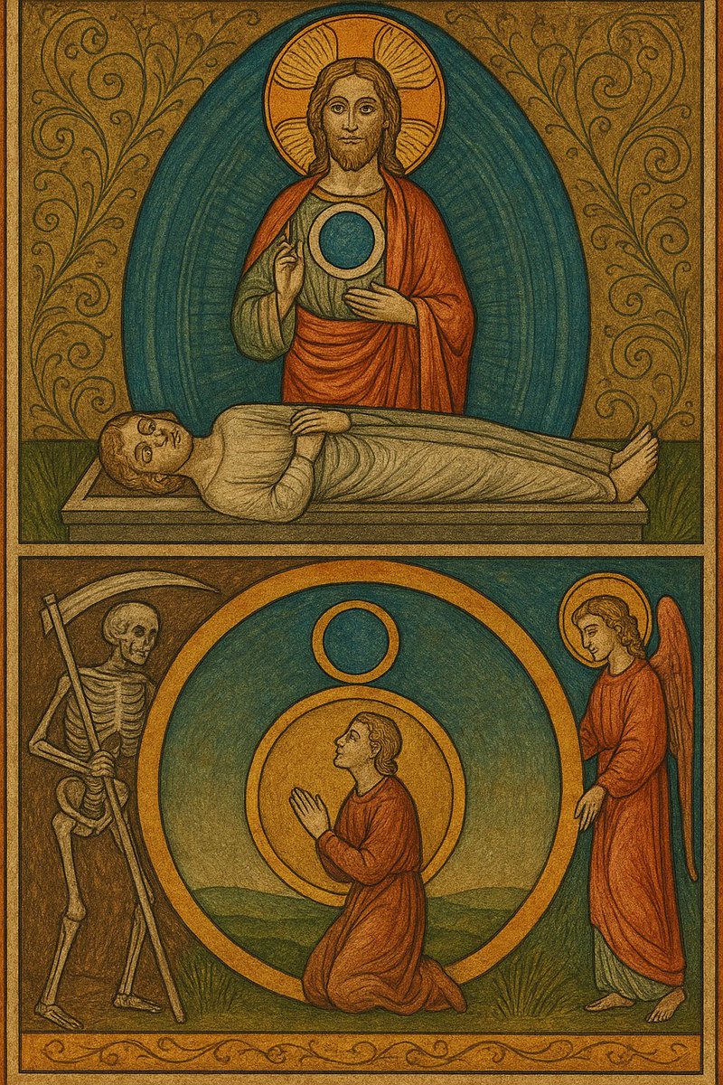 gnoselibertaria's tweet photo. Existem duas mortes reais:
1- A morte física, onde o corpo denso se desfaz e os princípios inferiores começam a se desagregar;
2- A morte da personalidade inferior — ou seja, a dissolução do corpo astral e do mental concreto (kama-manas), que ocorre após o período pós-morte, caso a alma não tenha elevado seu centro de consciência ao plano superior.

Quem vive identificado com o ego e os desejos inferiores morre duas vezes: primeiro no corpo, depois como personalidade.
Apos a morte do corpo fisico e da alma (astral e mental inferior), o Eu real (individualidade/ espírito / triade superior) entra em Devachan (plano mental subjetivo), onde experimenta um estado de sonho luminoso — até a reencarnação da mônada.

Por outro lado, quem desloca a consciência para o corpo mental superior (Manas unido a Buddhi, o “corpo crístico”), transcende a segunda morte: não precisa mais renascer inconscientemente.
Esse é o sentido oculto da “ressurreição em vida” ou da “vida eterna” citada pelos iniciados — não como imortalidade do corpo, mas como estabilização da consciência no Eu Superior.

O cristianismo institucional, sendo exoterismo, perdeu essa chave.
A doutrina da reencarnação foi removida entre os séculos III e IV, especialmente após os concílios e a consolidação do dogma imperial.
Entretanto, muitos cristãos primitivos (como os gnósticos, órficos, neoplatônicos) mantinham a reencarnação como fundamento da pedagogia da alma.

Portanto, a verdadeira “salvação” não é uma recompensa arbitrária, mas a não identificação com o transitório.
Quem nasce do Espírito, não morre duas vezes. Essa é a lógica viva da gnose.