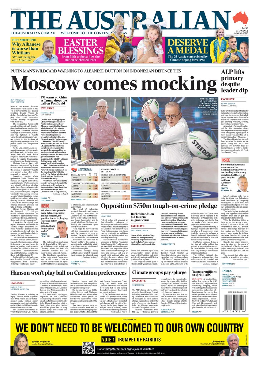 ๐ต๐๐๐๐ ๐ฟ๐๐๐๐ ๐๐๐๐๐ข ๐ฐ (@ukpapers) on Twitter photo ๐ฆ๐บ Moscow Comes Mocking
โซMoscow has warned Anthony Albanese and Peter Dutton to stay out of its way in the Indo-Pacific, declaring Australia has โno cardsโ to play to undermine Russiaโs military co-operation with Indonesia
โซ<a href="/bennpackham/">Ben Packham</a> & Dian Septiari
#frontpagestoday ๐ฆ๐บ Moscow Comes Mocking
โซMoscow has warned Anthony Albanese and Peter Dutton to stay out of its way in the Indo-Pacific, declaring Australia has โno cardsโ to play to undermine Russiaโs military co-operation with Indonesia
โซ<a href="/bennpackham/">Ben Packham</a> & Dian Septiari
#frontpagestoday