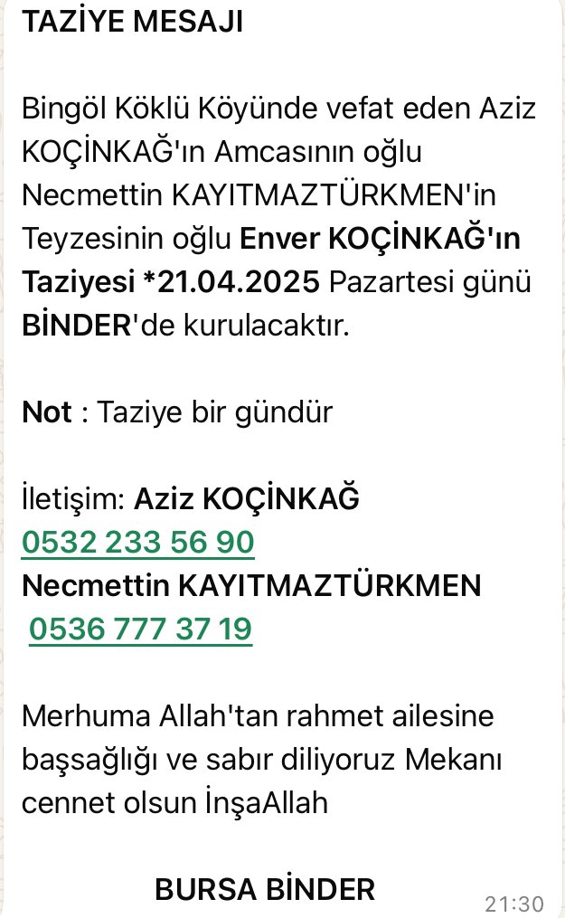 TAZİYE MESAJI…