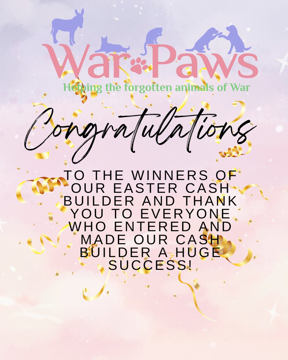 WarPawsIraq's tweet photo. Massive THANK YOU to everyone who entered our Easter Cash Builder, thanks to you it was a huge success and the funds raised will make a huge difference to the animals in our care!
The draw took place at 7pm and we have 2 winners who have each won £634.05!
#warpaws #cashbuilder #thankyouforyoursupport