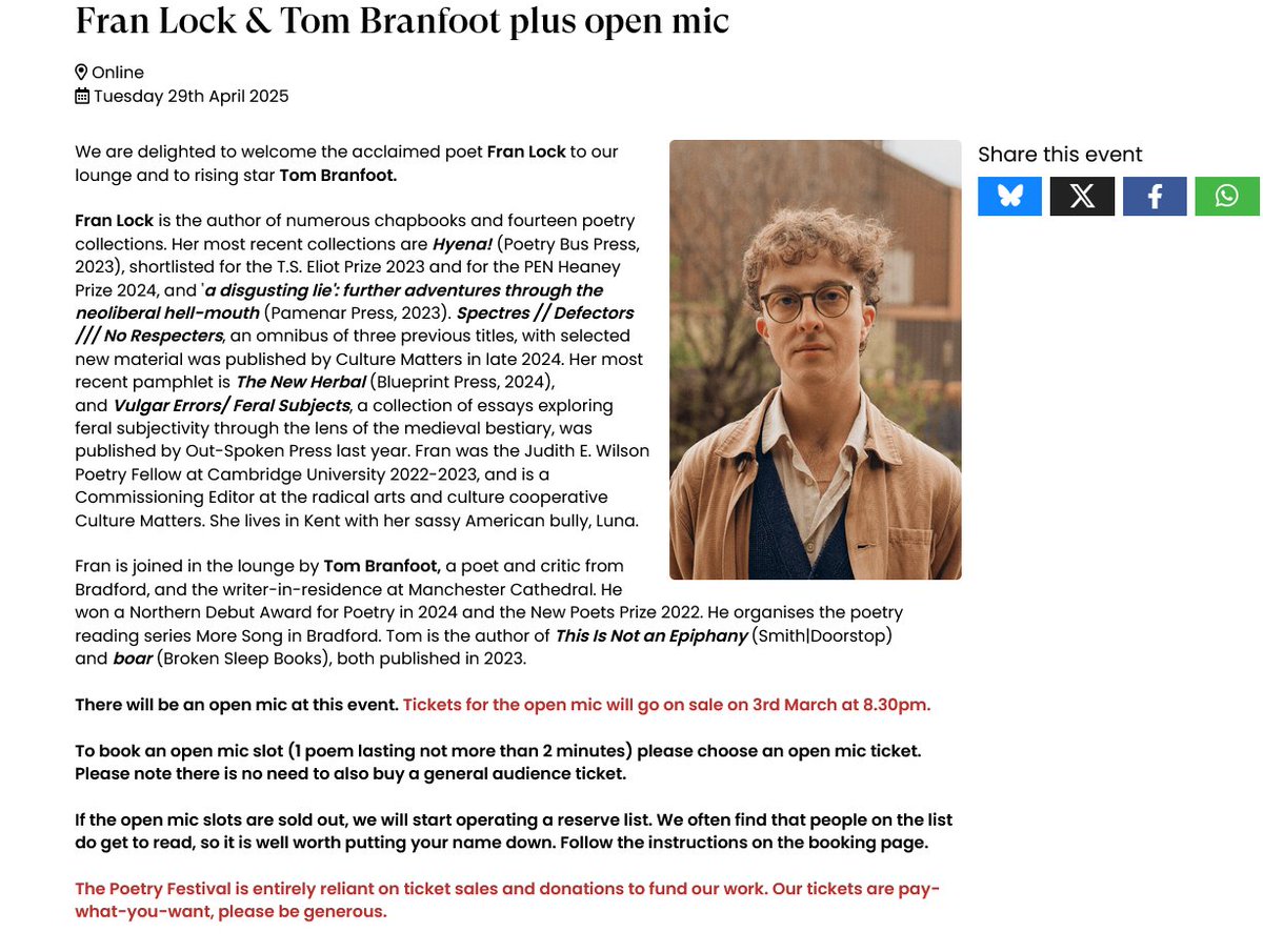 Cheltpoetfest's tweet photo. We have two extraordinary and exciting contemporary poets reading at our next online poetry lounge - #FranLock and @tombranfoot ! This is going to be very special - see you in the zoom room from 7pm, 29th April. https://t.co/2yDf9Jzuj8 https://t.co/HzqcpVNmS6