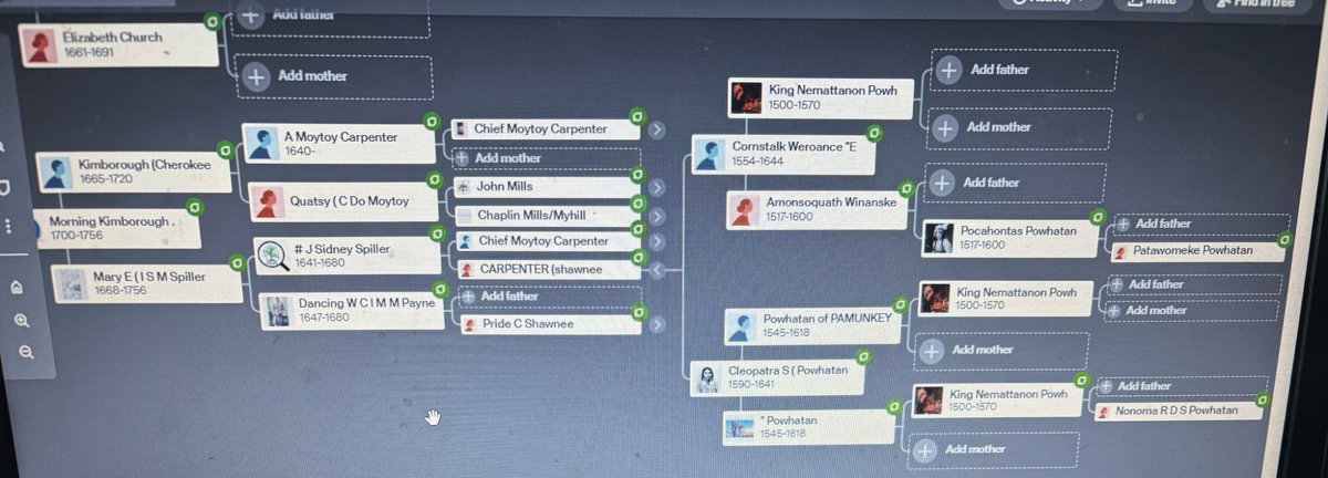 lilbit0JD's tweet photo. Is there someone that can help me figure out this branch of my tree? It has several tribes that overlap and none of it matches American history.
I’m showing a branch of Cherokee/Shawnee/Powhatan/Iroquois in Jamestown. King Powhatan is in 3 places. King? https://t.co/rgSfKHIUvI