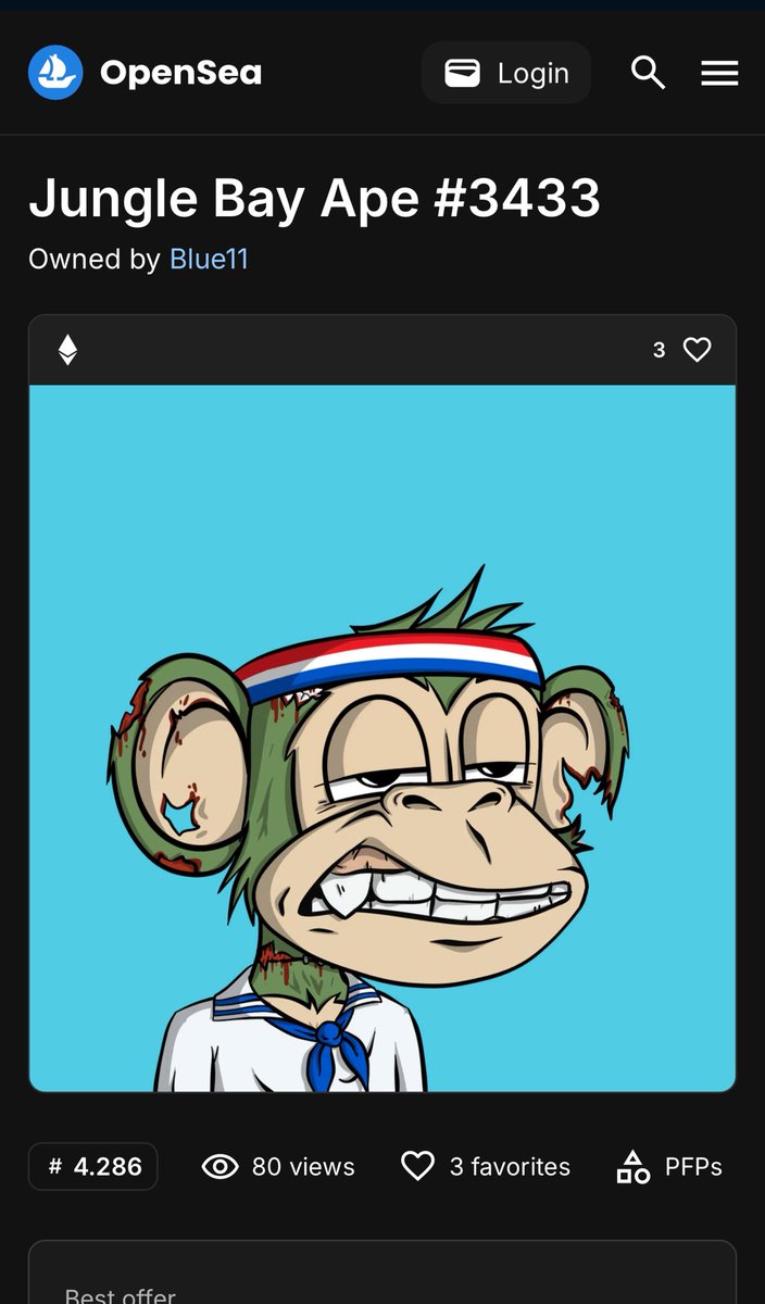Blue11 (@blue11art) on Twitter photo You can never have enough <a href="/JungleBayAC/">Jungle Bay Artists Collective</a> apes. Just bought another one for the Blue11 Collection.
βJungle Bay Ape #3433β from 5555 NFT You can never have enough <a href="/JungleBayAC/">Jungle Bay Artists Collective</a> apes. Just bought another one for the Blue11 Collection.
βJungle Bay Ape #3433β from 5555 NFT
