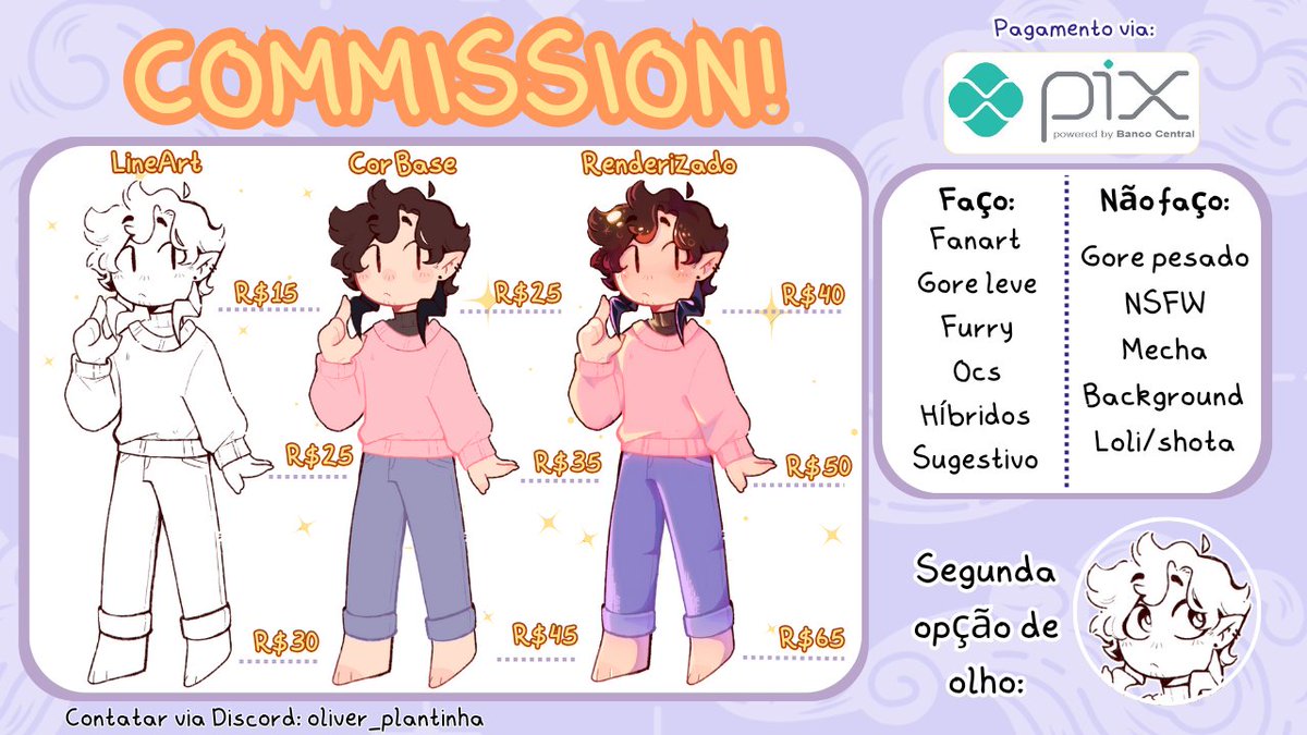 Anunciando novamente minhas comissões agora com um novo estilo! 
Interessado? Me chamar pelo Discord com: oliver_plantinha

#commissions
