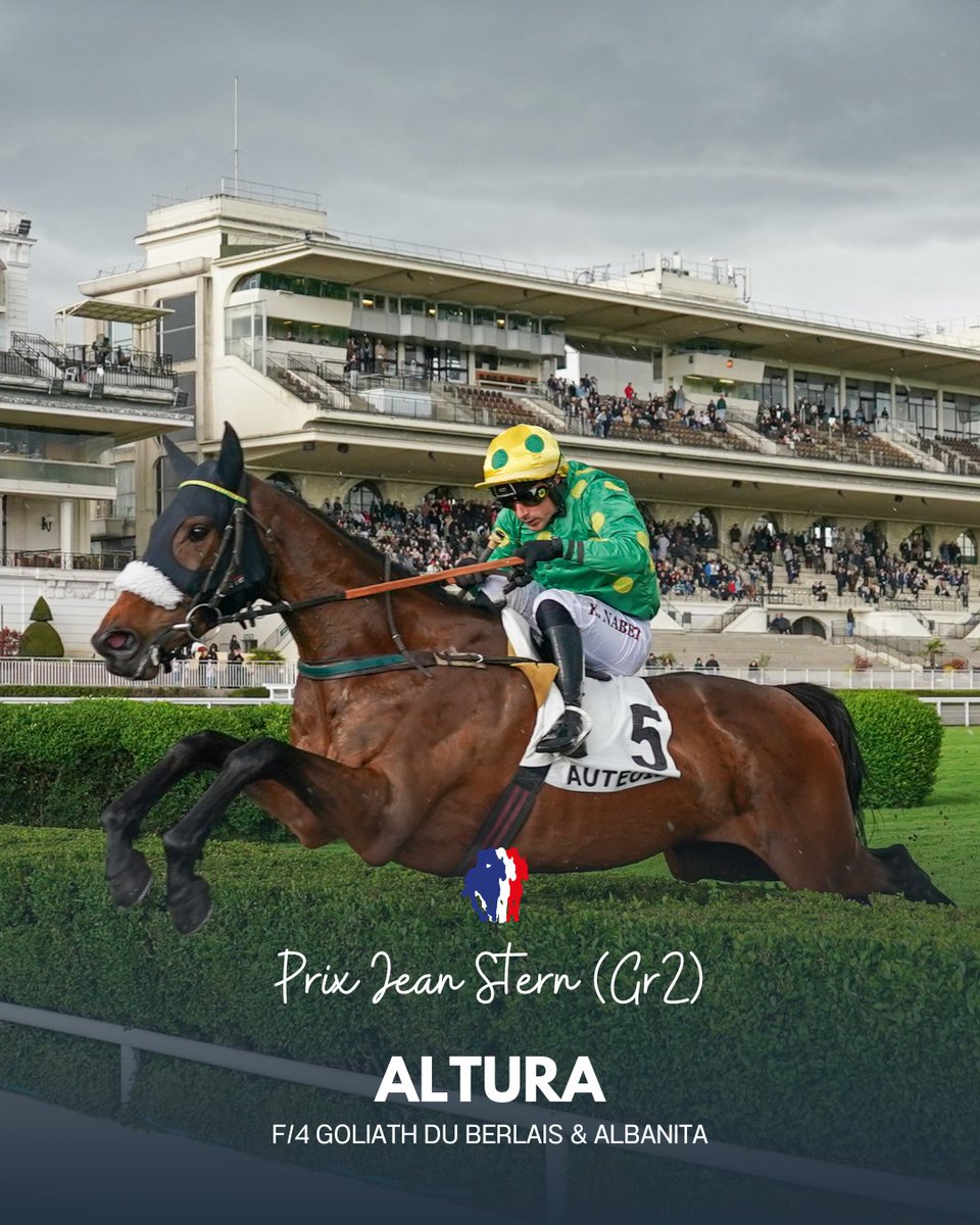 Prix Jean Stern (Gr2, steeple), Auteuil
ALTURA ⭐️ (f4, Goliath du Berlais <a href="/Haras_d_Etreham/">Haras d'Etreham</a>) reste invaincue en deux sorties sur le steeple ! Lauréate détachée, elle s’impose avec autorité devant LA PALMERAIE ⭐️ et HACKER DU BERLAIS⭐️. 🎯 En route vers le Prix Ferdinand Dufaure !