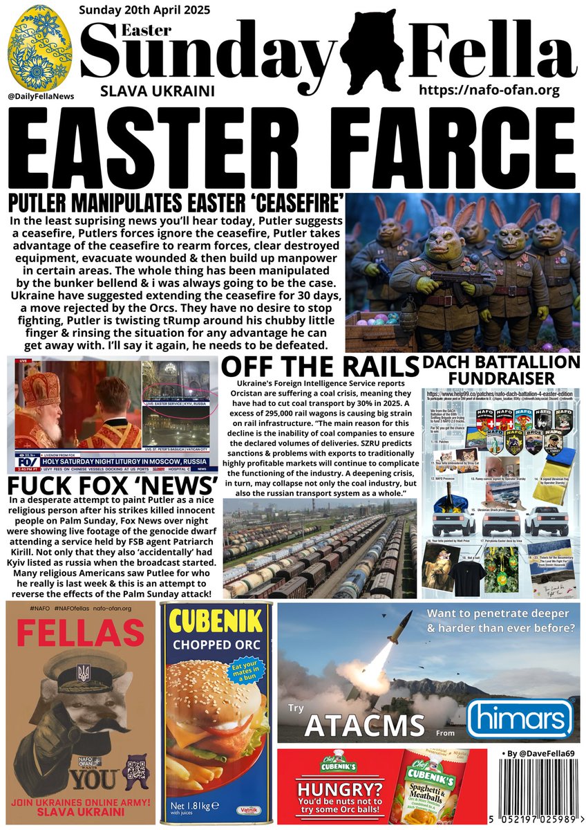 DailyFellaNews's tweet photo. It’s time for your Sunday Fella. Read about the ridiculous Easter ‘ceasefire’ manipulation by russia, fuck Fox ‘News’ &amp; we have the details of a new DATCH Battalion @69thSB fundraiser &amp; raffle. 

#SundayFella #DailyFella #DailyFellaNews #SlavaUkraini https://t.co/WjW6g3ZodH