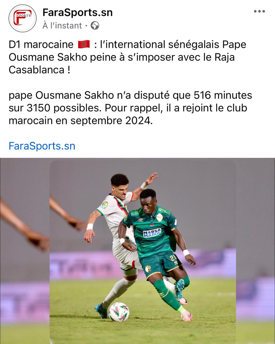 FaraSports1's tweet photo. D1 marocaine : Pape Ousmane Sakho peine à s’imposer avec le Raja Casablanca ! L’international sénégalais n’a disputé que 516 minutes sur 3140 possibles. #sénégal #kebetu https://t.co/svIZxmQS1l