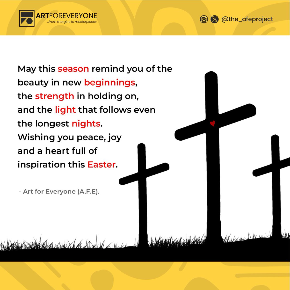 The_AFEProject's tweet photo. May this season remind you of the beauty in new beginnings, the strength in holding on, and the light that follows even the longest nights.
Wishing you peace, joy and a heart full of inspiration this Easter.

#AFEProject #HappyEaster https://t.co/2CFW2giXSB