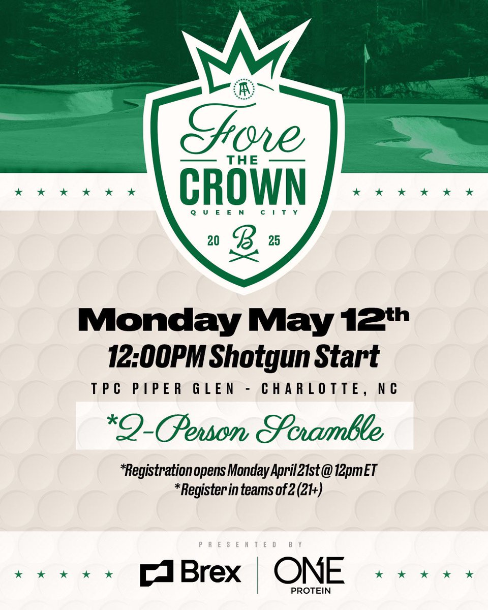 ForePlayPod's tweet photo. FORE THE CROWN 👑 

2-man scramble in the Queen City on Monday of PGA Championship week.

Tickets on sale TOMORROW at 12PM ET. Be ready: https://t.co/CE33PpcH9O https://t.co/bqiru2uxXg