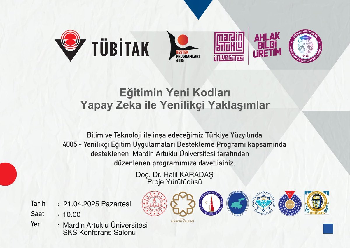 Fakültemiz öğretim üyelerinden Doç. Dr. Halil Karadaş'ın yürütücülüğünü yaptığı TÜBİTAK 4005 destekli “Eğitimin Yeni Kodları: Yapay Zekâ ile Yenilikçi Yaklaşımlar” projesinin açılış programına davetlisiniz.
<a href="/ibrahimozcosar/">ibrahim özcoşar</a> 
<a href="/resityildiz79/">Reşit YILDIZ</a>
