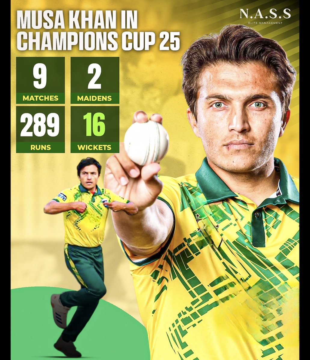 Top wicket-taker in the Champions Cup — still a mystery why <a href="/iMusaKhan/">Muhammad Musa🇵🇰</a> wasn’t picked in the <a href="/thePSLt20/">PakistanSuperLeague</a>. He definitely deserved a shot. Keep your head up,The future’s looking bright! <a href="/PeshawarZalmi/">Peshawar Zalmi</a>
<a href="/MultanSultans/">Multan Sultans</a>
<a href="/KarachiKingsARY/">Karachi Kings</a> <a href="/TeamQuetta/">Quetta Gladiators</a> <a href="/IsbUnited/">Islamabad United</a> <a href="/Amermalik12/">AmerCric 🏏 ✍️</a> <a href="/faizanlakhani/">Faizan Lakhani</a>