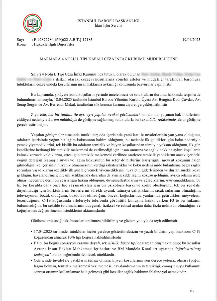 istbarosu's tweet photo. Anayasal haklarını kullandıkları halde haksız olarak tutuklanan gençler, cezaevinde de kötü ortam ve koşullara maruz kaldı. Cezaevi yönetiminin düzeltici önlemler almış olması kayda değer. Yakalamadan, cezaevine giden süreçte ortaya çıkan çok yönlü hak ihlallerine ilişkin İstanbul Barosu raporu 22 Nisan Salı günü saat 12:00’da kamuoyu ile paylaşılıcak.