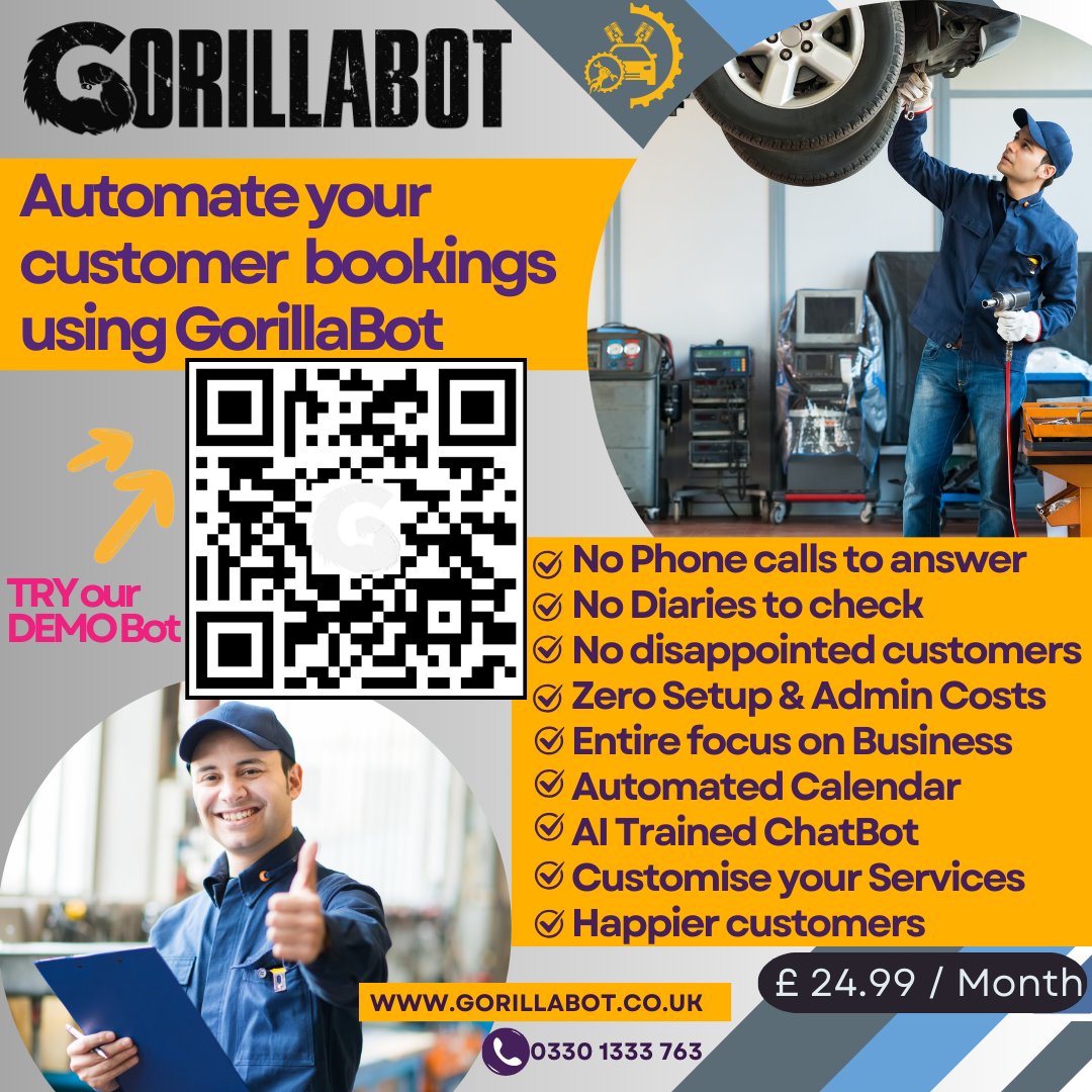 zarbotics's tweet photo. “I save over 10 hours weekly with @GorillaBotAI – no missed bookings or admin hassles.”

Automate your business for £24.99/month.  
Try it free 👇  Using QR Code. 
#SmallBusiness #Chatbot #GorillaBot #Automation https://t.co/23E9ZT137U