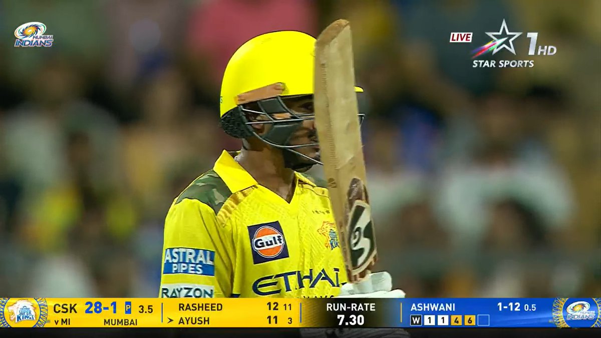 offlThangaraj's tweet photo. AYUSH MHATRE ANNOUNCES HIMSELF IN STYLE!

What a debut  1, 4, 6, 6 to kick off his IPL career! 

Fearless explosive and already making waves. 

The future looks bright for this young gun!

#AyushMhatre #IPLDebut 
#MIvCSK #CSKvMI