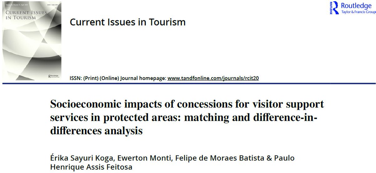 How do concessions in national parks impact development? 🌱
In our new article, we use matching and diff-in-diff to evaluate socioeconomic effects of visitor in Brazilian parks.
Results challenge assumptions.
Read: doi.org/10.1080/136835…
#Tourism #NationalParks #diffindiff